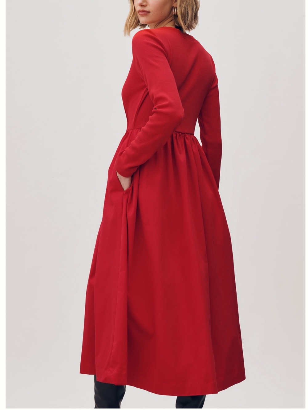 Anthropologie Long Sleeve Dress Crew Neck Twofer Button Front Midi New Small Red - Picture 2 of 12